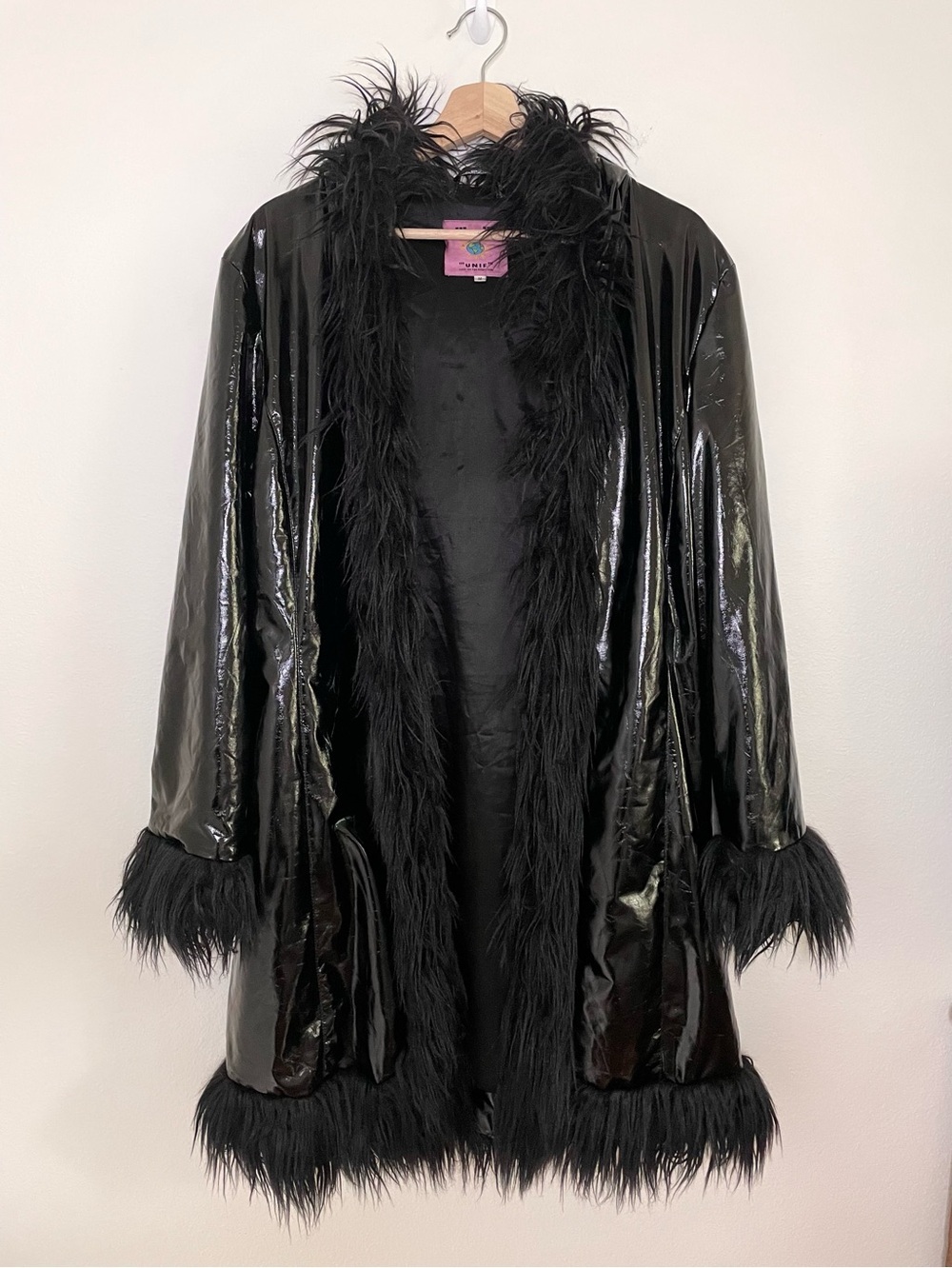 UNIF Imp Coat Glossy Vinyl Faux Fur Trim Hooded Jacket Black Medium Whimsigoth - Picture 3 of 16